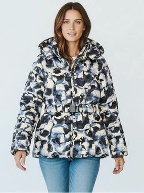 Vera Wang Floral Quilted Down Puffer Winter Jacket Coat Black Blue  Belted sz M